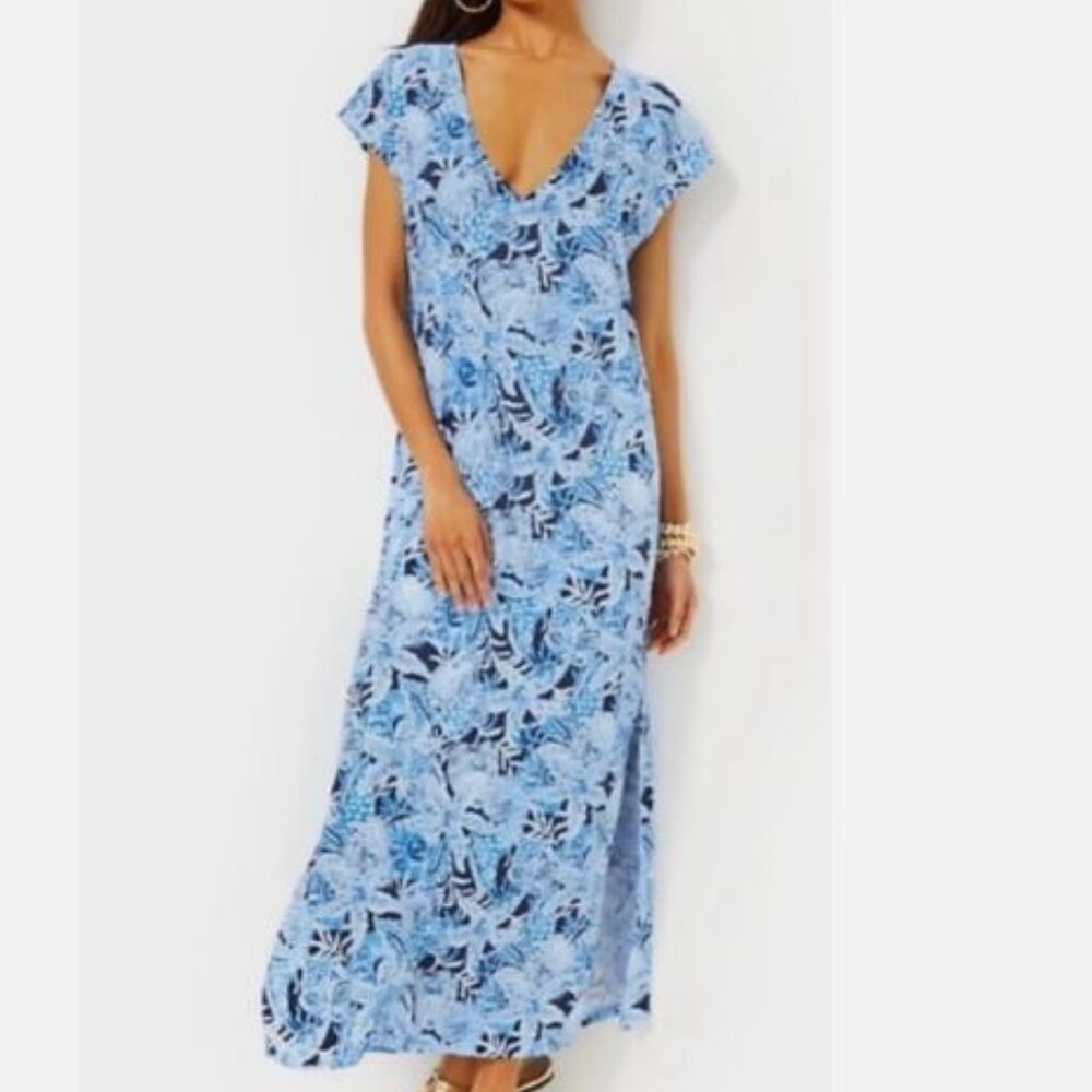 NWT $138 Lilly Pulitzer Women's Talli Maxi Cover up Bonaire Blue Coastal SZ S